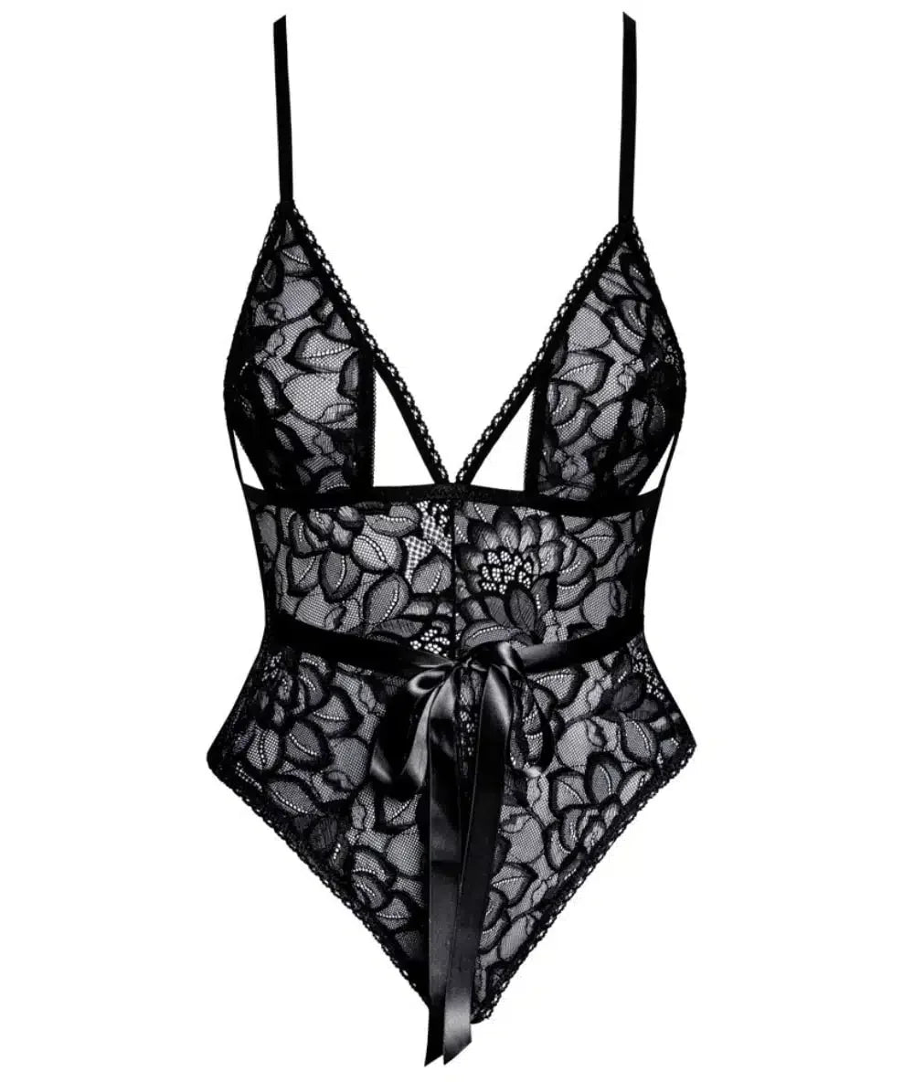 Black lace bodysuit lingerie with floral pattern, spaghetti straps, and satin ribbon belt