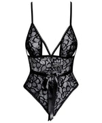 Black lace bodysuit lingerie with floral pattern, spaghetti straps, and satin ribbon belt