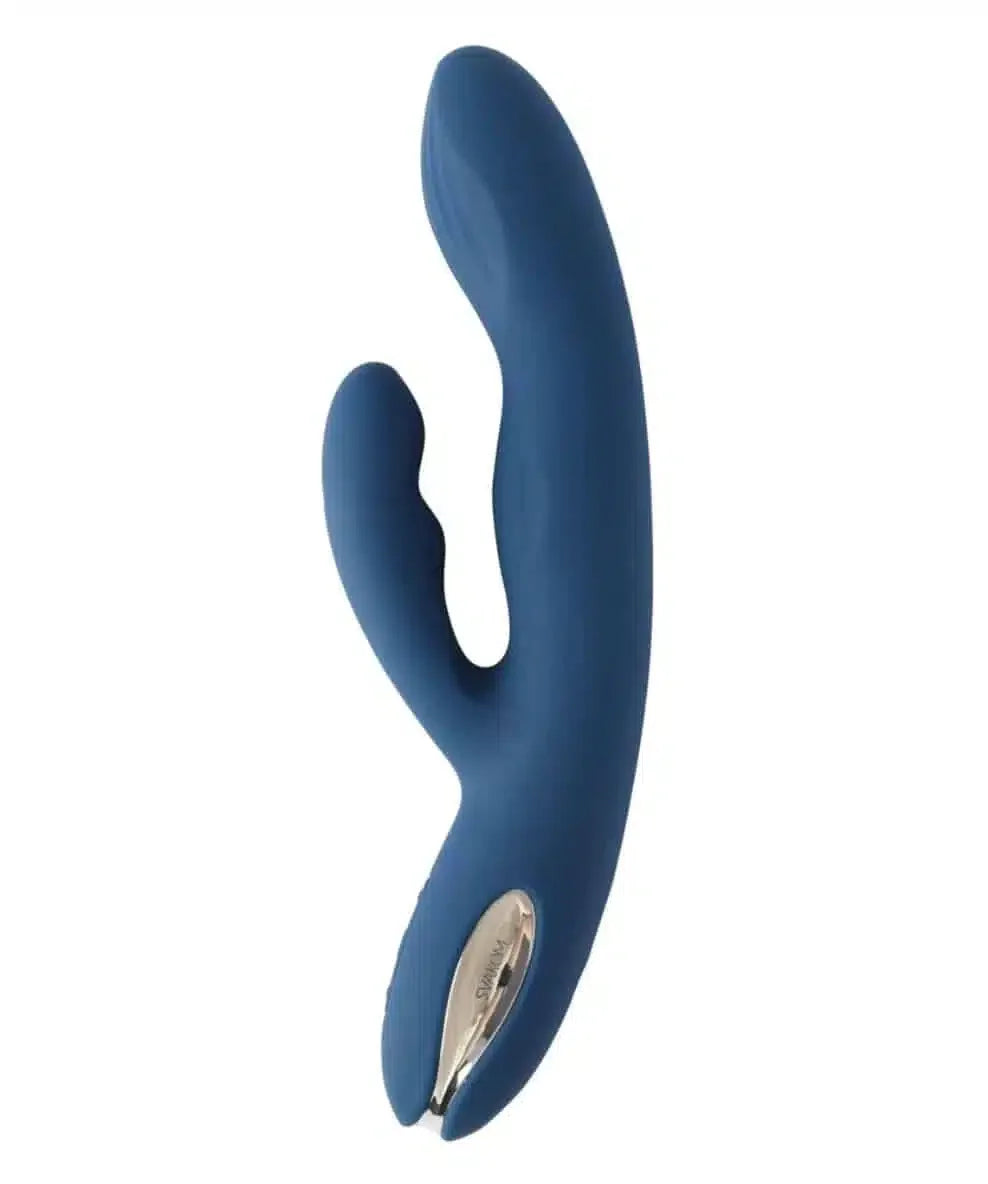 Blue silicone dual-motor rabbit vibrator with curved design for intimate pleasure