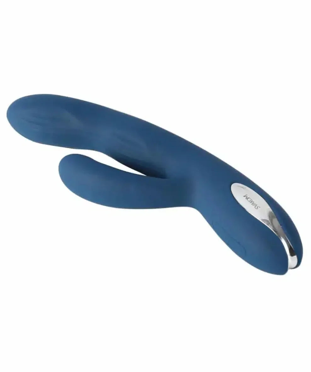 Blue silicone dual-stimulation vibrator with ergonomic design on white background