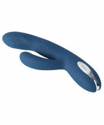 Blue silicone dual-stimulation vibrator with ergonomic design on white background