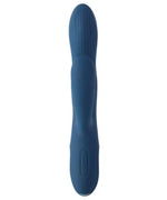 Blue silicone personal massager with textured tip and control button