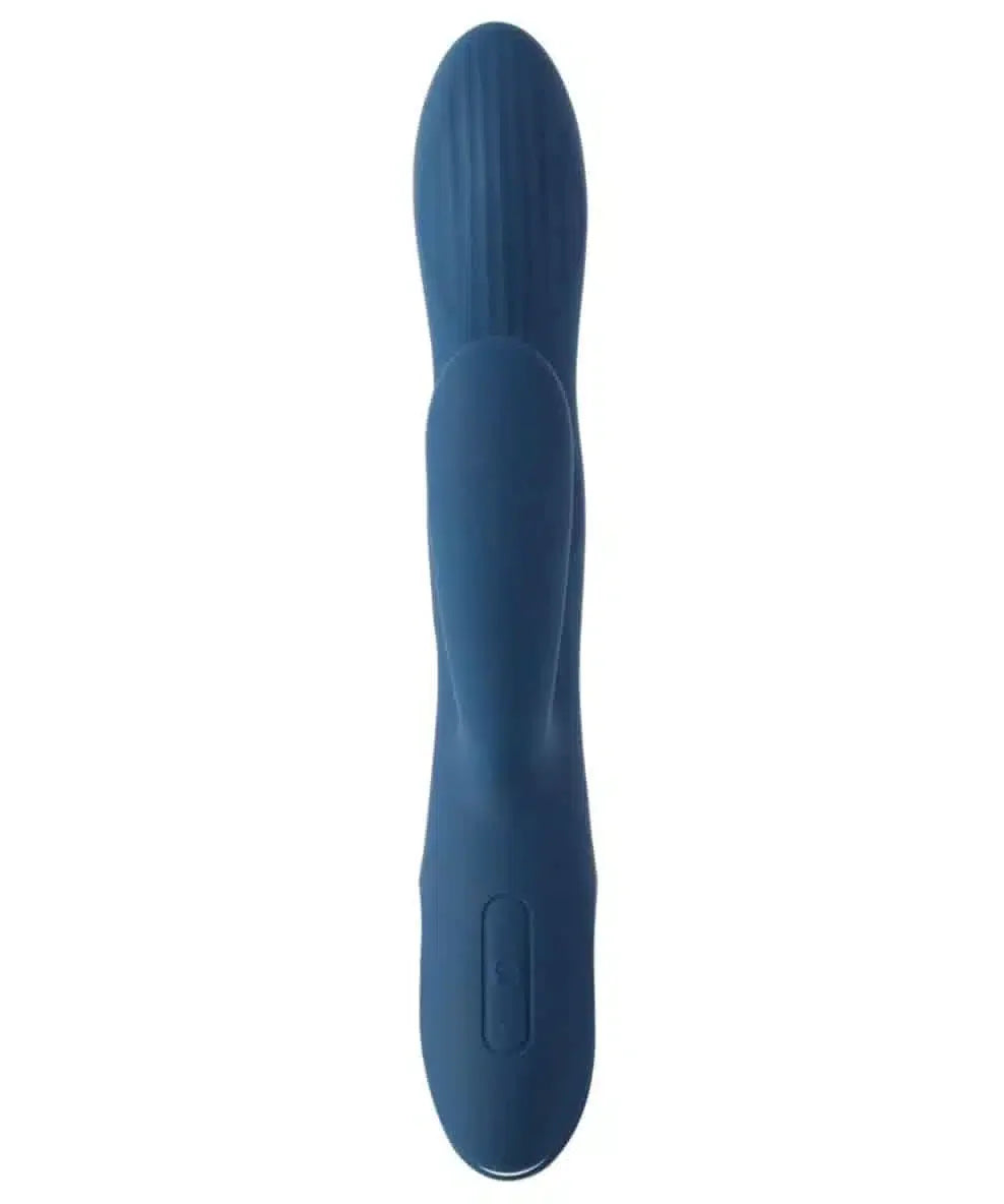 Blue silicone personal massager with textured tip and control button