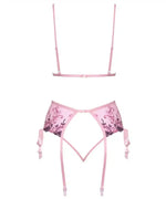 Pink embroidered lingerie garter belt set with adjustable straps and floral details