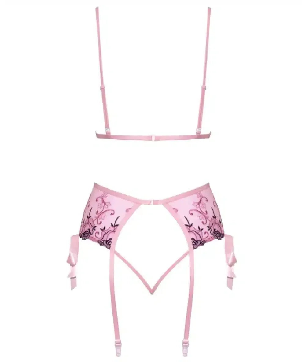 Pink embroidered lingerie garter belt set with adjustable straps and floral details