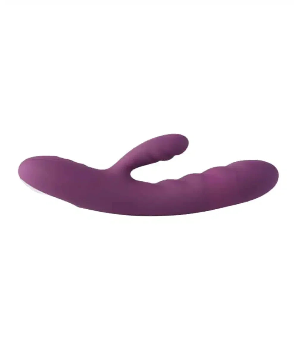 Purple silicone dual-stimulation vibrator with curved, textured design on white background