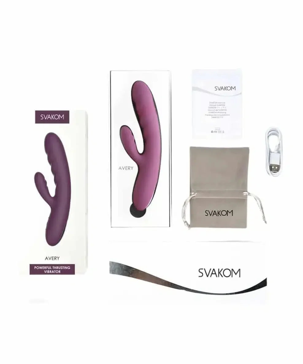 Purple rabbit vibrator with packaging, storage pouch, USB charger, and instruction manual