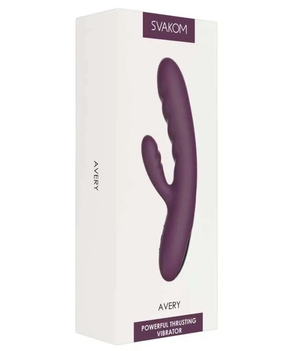 Svakom Avery purple dual stimulator vibrator in packaging, powerful thrusting design