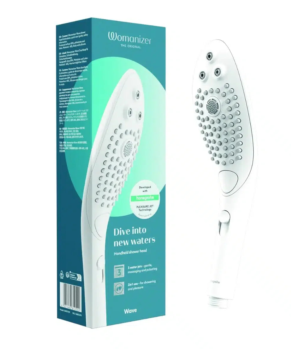White handheld shower head with massage jets and product packaging