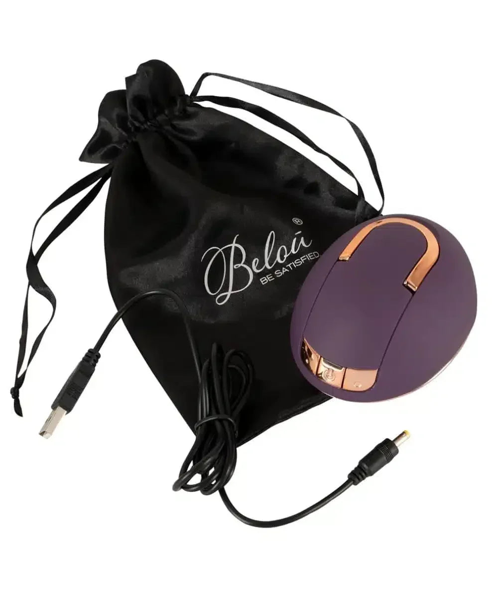 Purple rechargeable personal massager with USB cable and black storage pouch