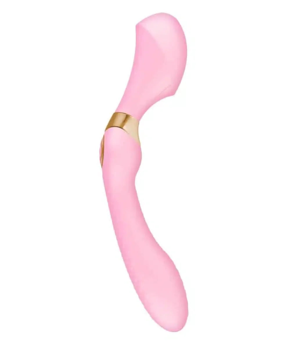 Curved pink silicone personal massager with gold accent on white background