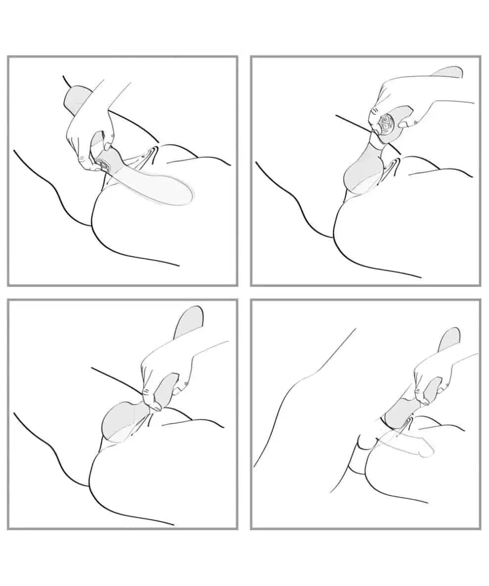Line art illustrations showing various ways to use a curved vibrator for intimate stimulation.