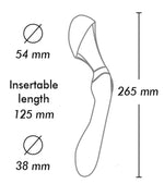 Line drawing showing dimensions of a pink vibrator, with labeled insertable length and diameters.