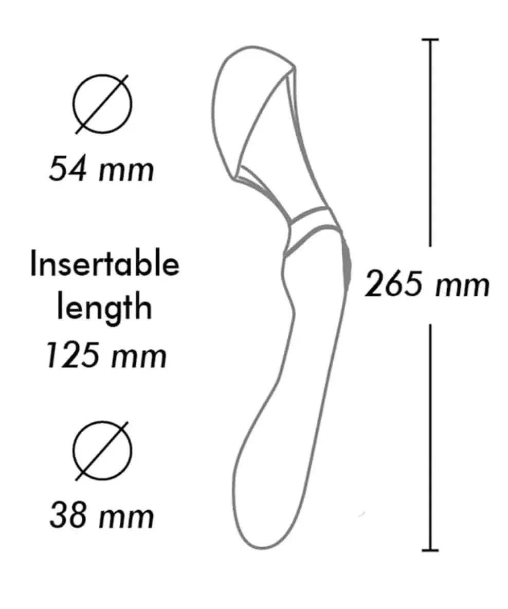 Line drawing showing dimensions of a pink vibrator, with labeled insertable length and diameters.