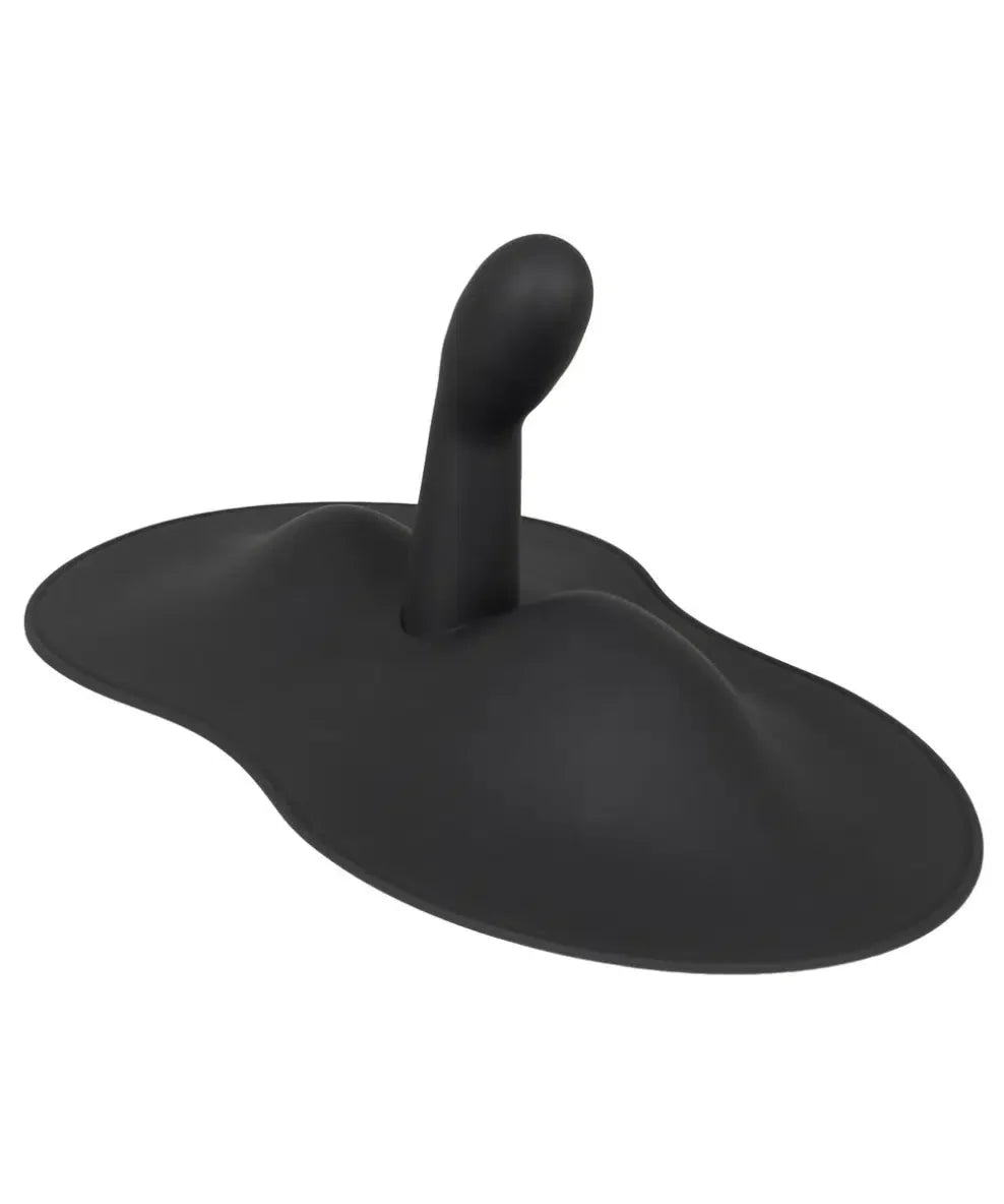 Black silicone ergonomic adult toy with curved shaft and wide base on white background