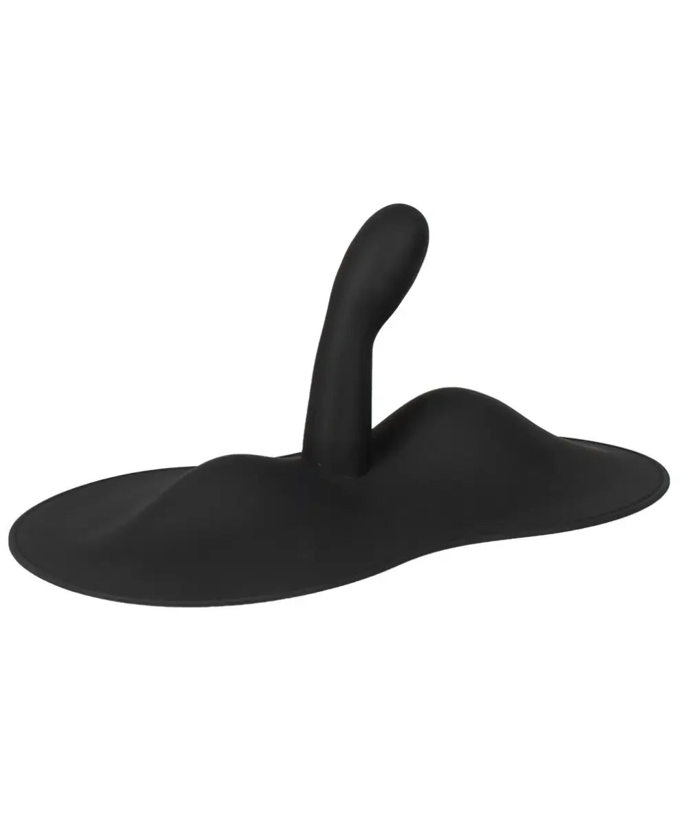Black silicone prostate massager with ergonomic base on white background