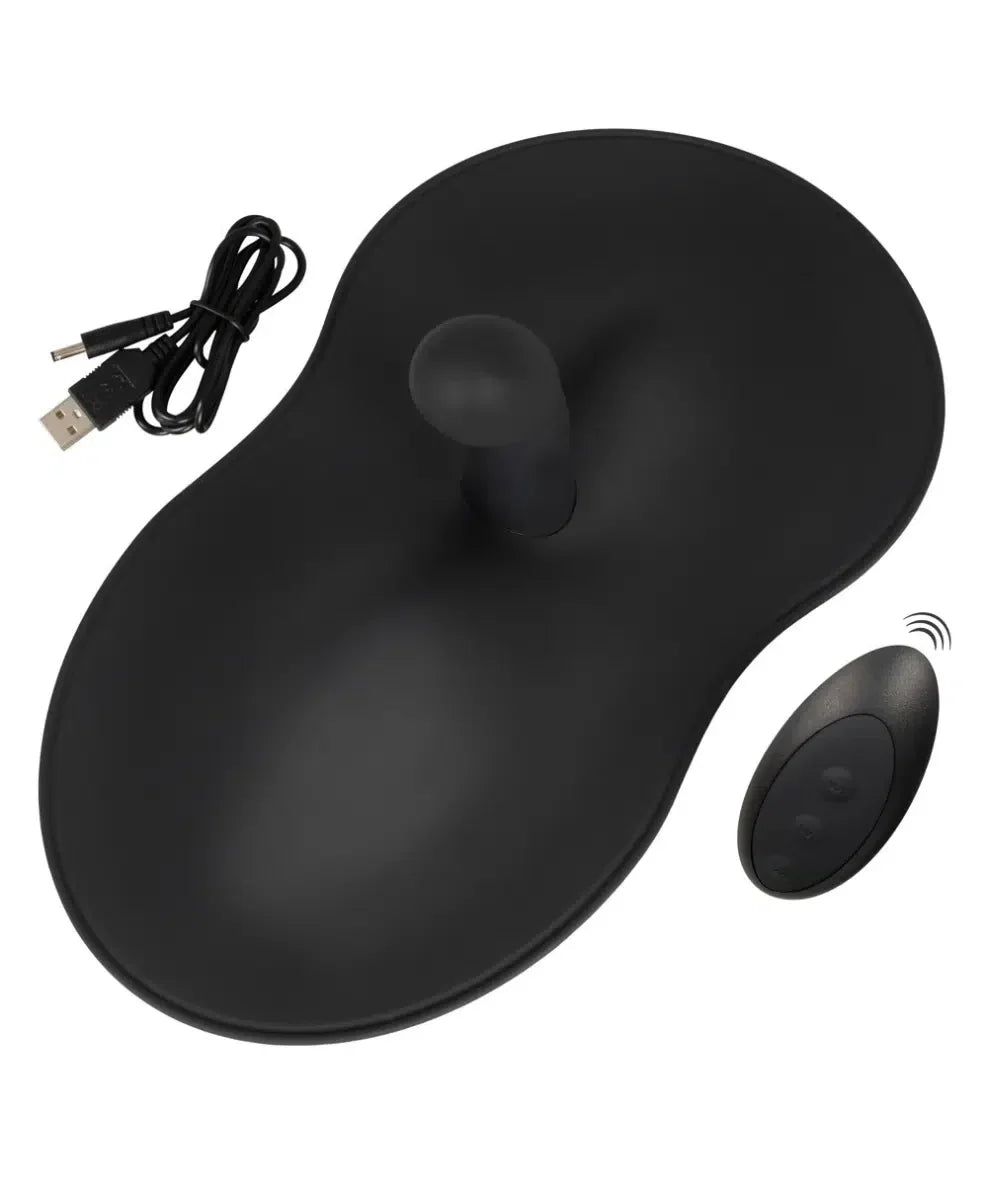 Black vibrating seat with remote control and USB charging cable, adult novelty product