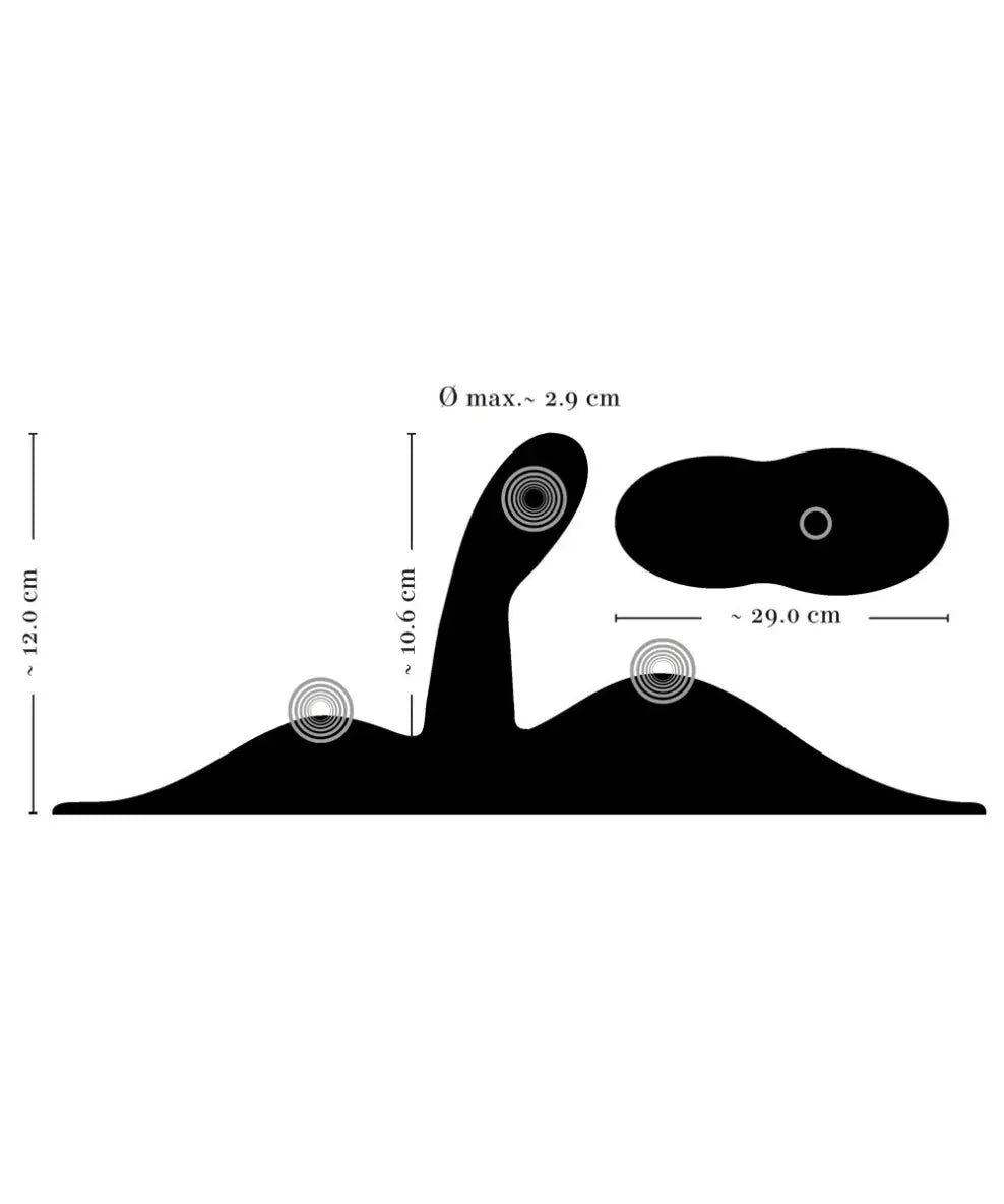 Black silhouette of ergonomic adult toy with measurements, curved design, circles marking key points.