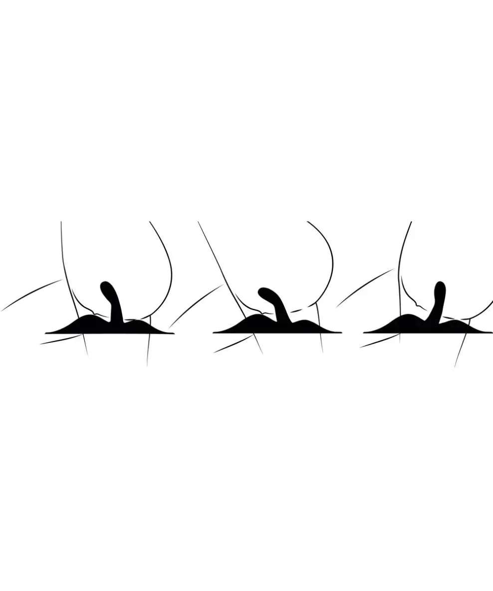 Black and white illustration showing three positions of a curved adult toy for intimate massage.
