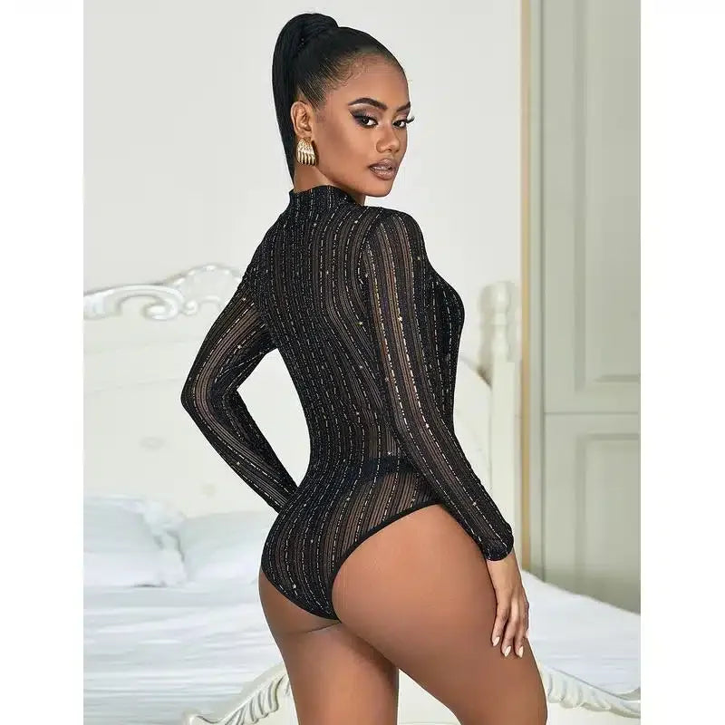 Glamourøs Langermet Bodysuit i Bronseglitrende Mesh