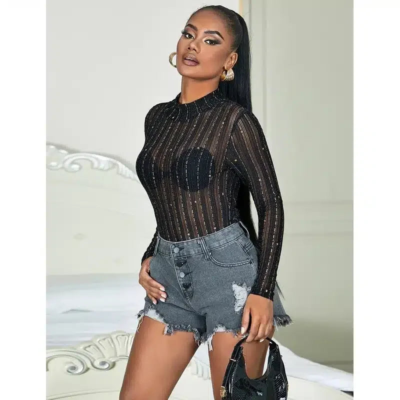 Glamourøs Langermet Bodysuit i Bronseglitrende Mesh