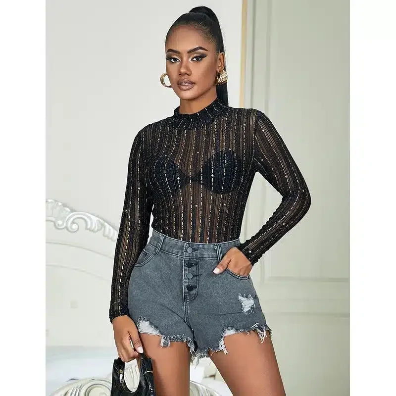 Glamourøs Langermet Bodysuit i Bronseglitrende Mesh