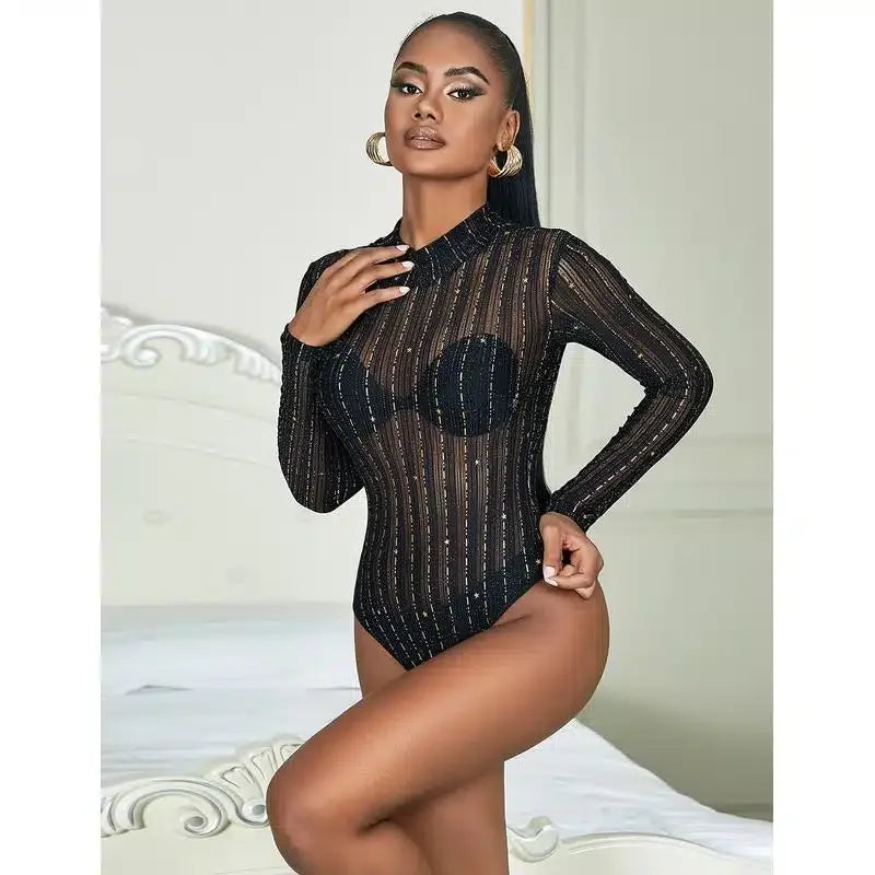 Glamourøs Langermet Bodysuit i Bronseglitrende Mesh