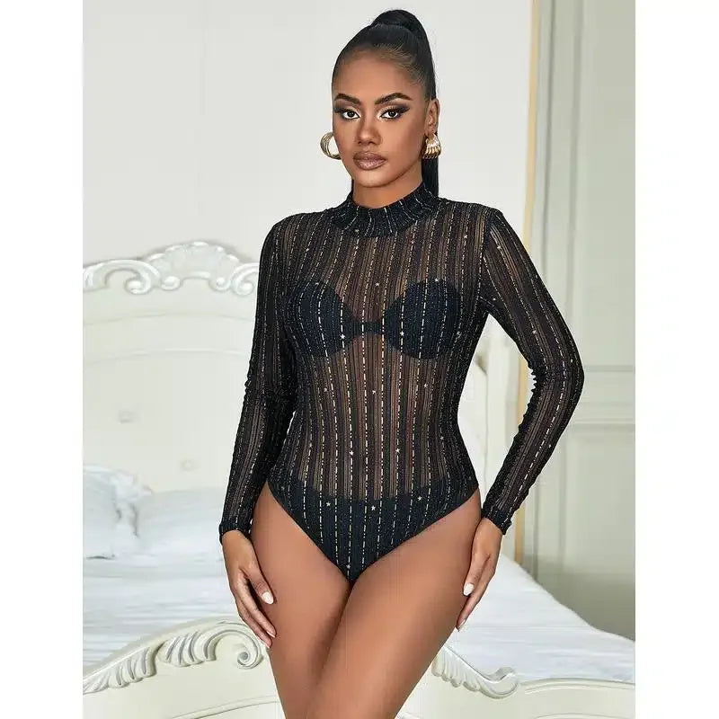 Glamourøs Langermet Bodysuit i Bronseglitrende Mesh