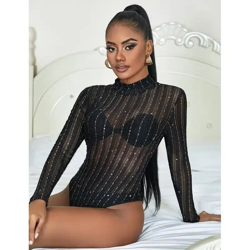 Glamourøs Langermet Bodysuit i Bronseglitrende Mesh