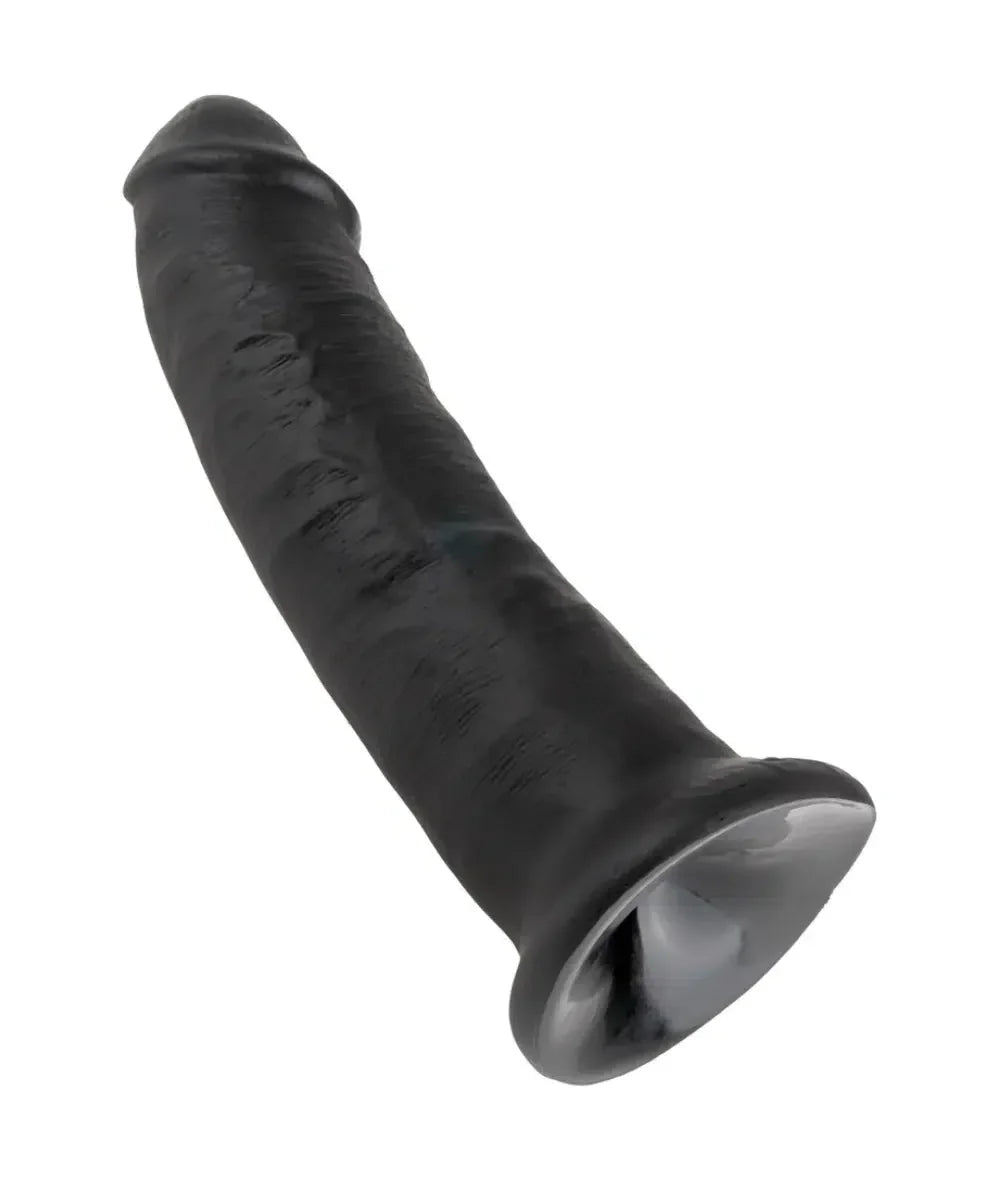 Black realistic silicone dildo with flared base on white background