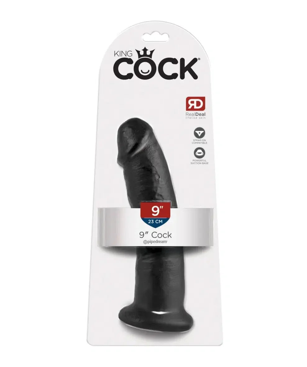 Black realistic 9 inch dildo with suction base in retail packaging