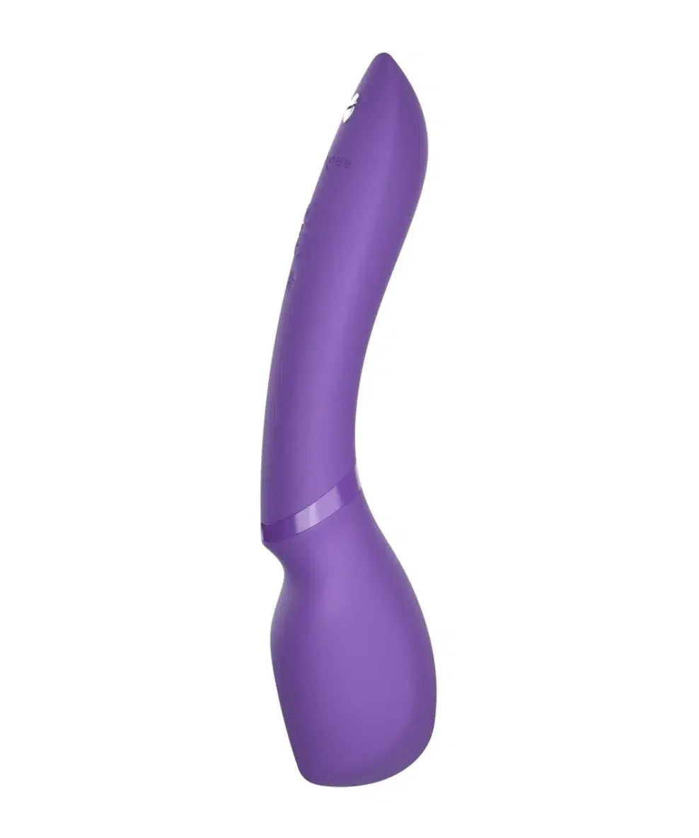 Curved purple silicone vibrator with ergonomic design, photographed on white background