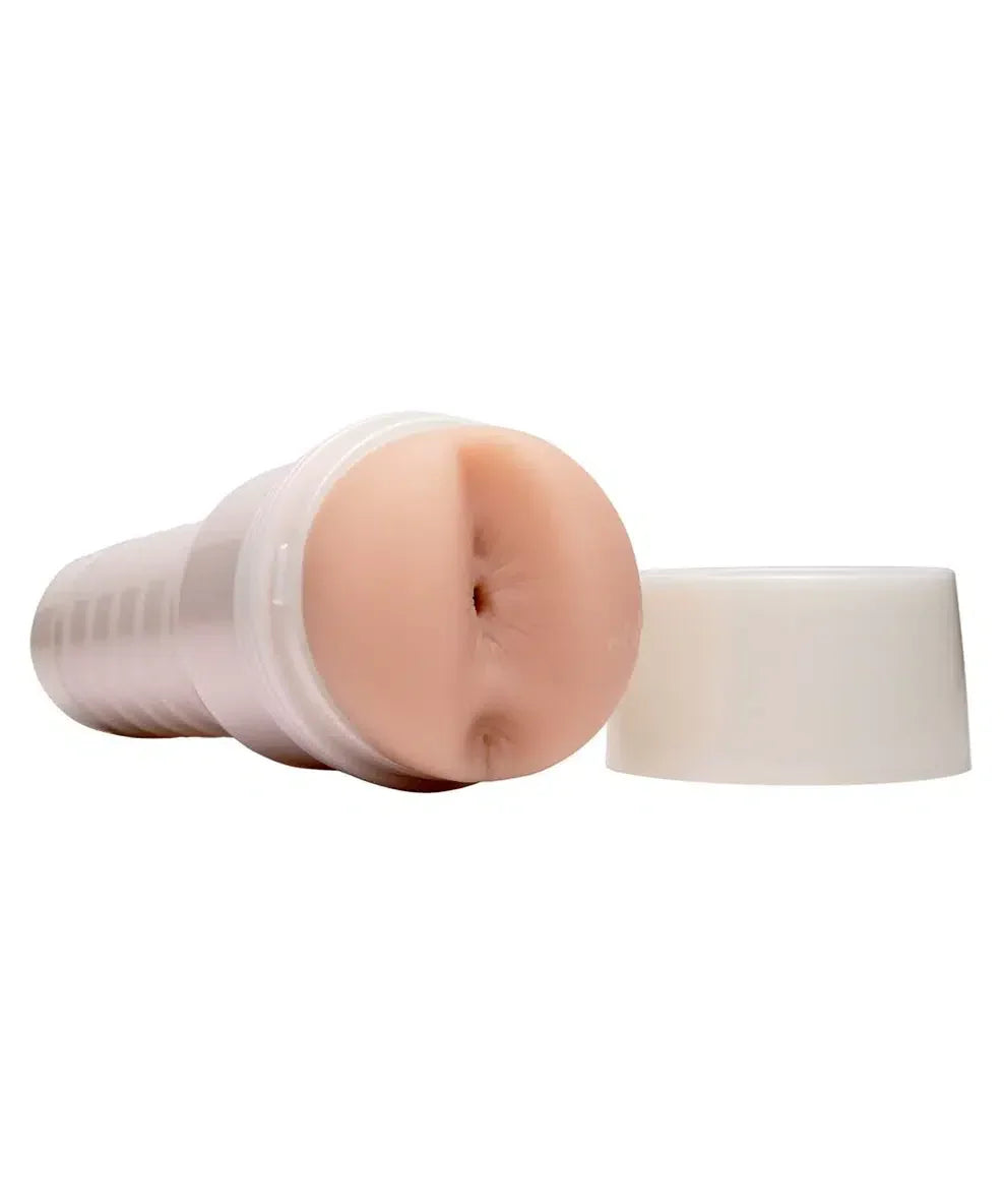 Realistic male masturbator sleeve in a discreet white case on white background