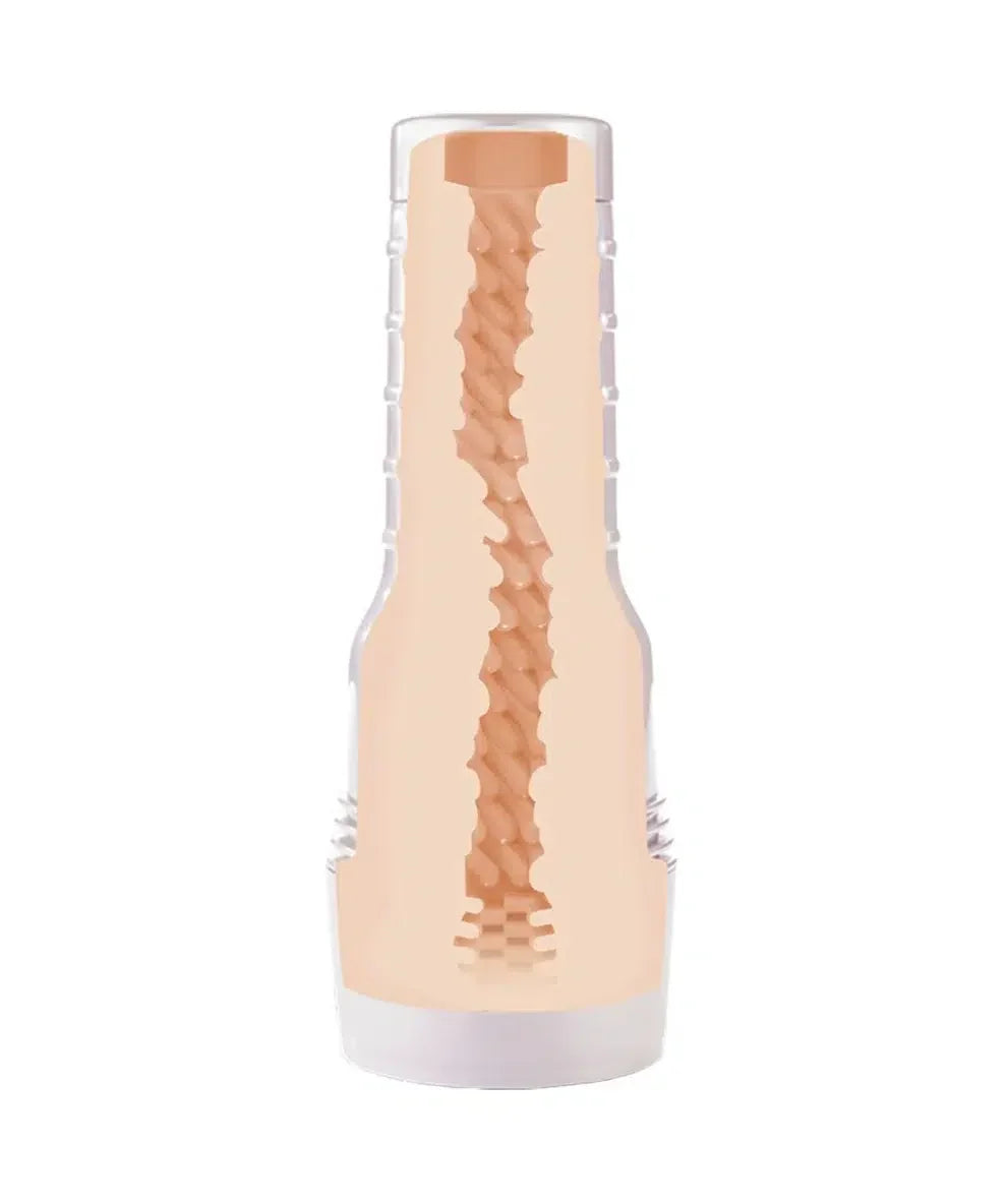 Realistic male masturbator sleeve with textured inner canal and transparent outer case