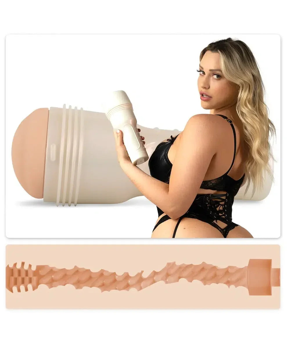 Blonde woman in black lingerie holding a realistic male masturbator, textured sleeve shown.