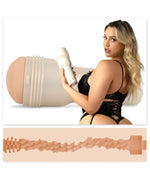 Blonde woman in black lingerie holding a realistic male masturbator, textured sleeve shown.