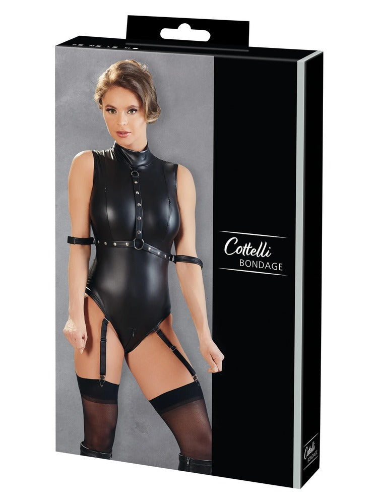 Svart latex bondage body med remmer og strømper, Cottelli Bondage kolleksjon