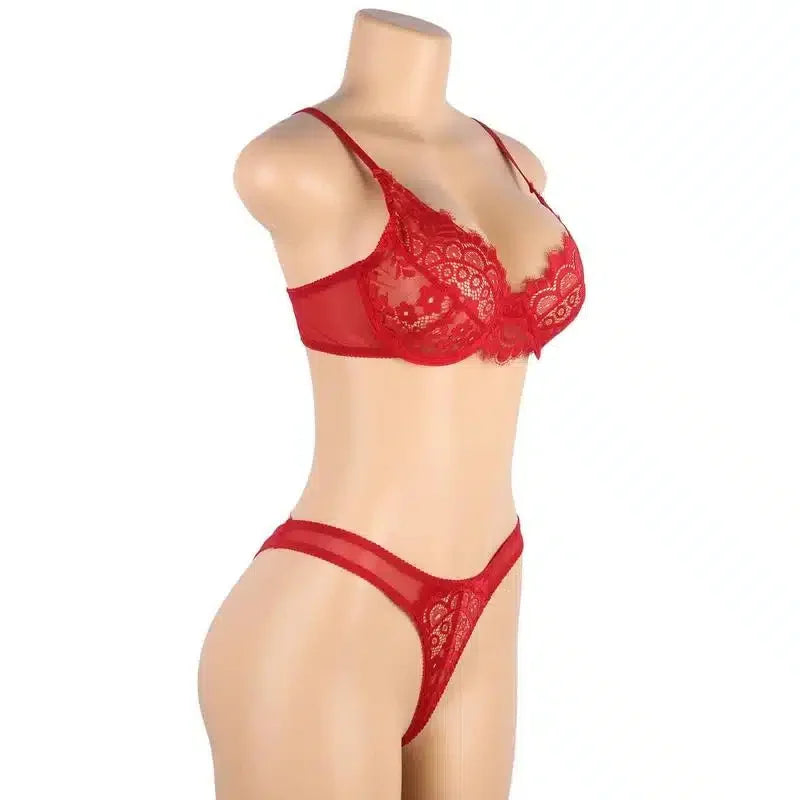 Red lace lingerie set with bra and thong displayed on mannequin