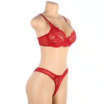 Red lace lingerie set with bra and thong displayed on mannequin