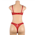 Back view of mannequin wearing red lingerie bra and thong set, adjustable straps visible