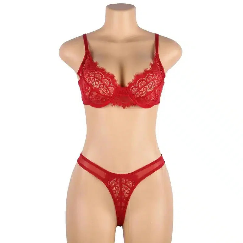 Red lace lingerie set with bra and thong on mannequin, sexy underwear for women