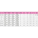 Women's lingerie size chart showing bust, waist, hips, cup, and international sizes