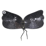 Black adhesive strapless lace-up bra with butterfly shape on white background