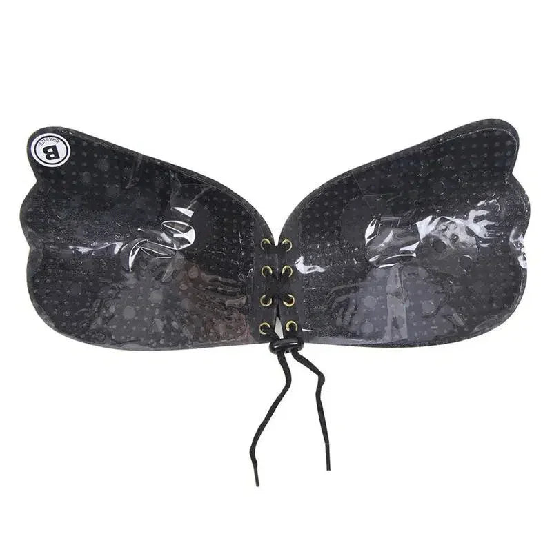 Black adhesive strapless lace-up bra with butterfly shape on white background