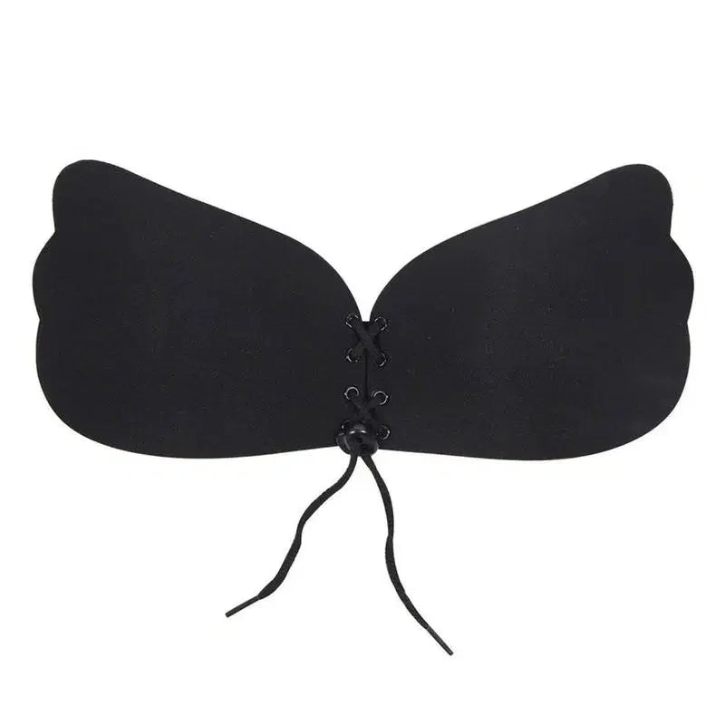 Black strapless adhesive push-up bra with lace-up front, butterfly-shaped cups