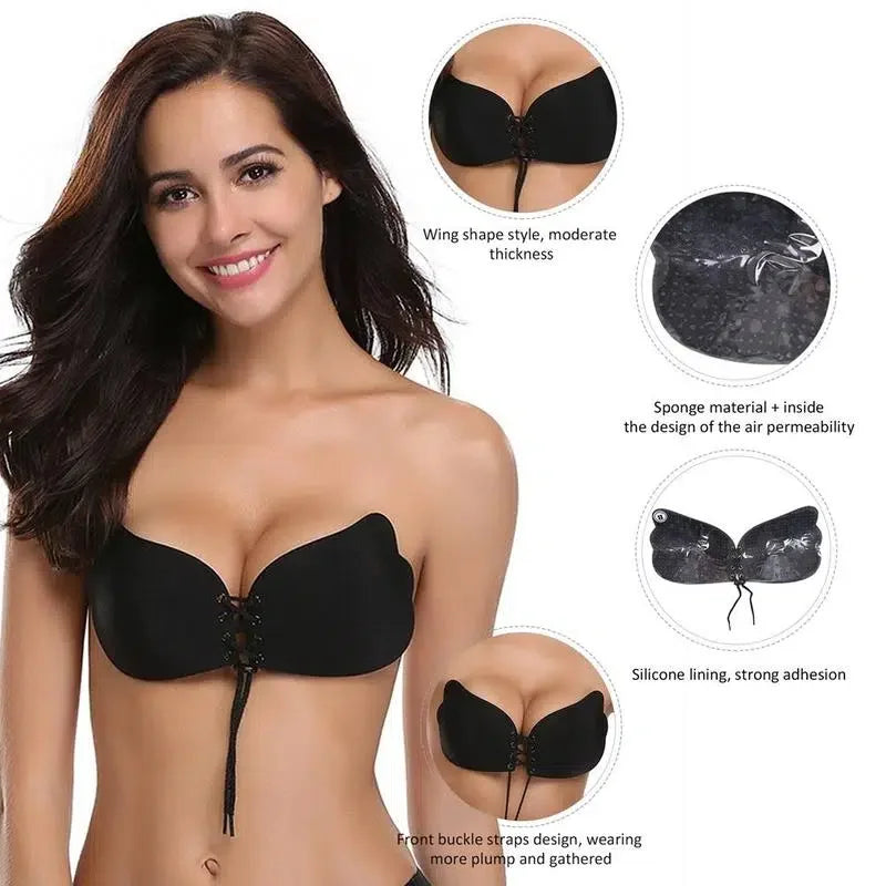 Woman wearing a black strapless adhesive bra with lace-up front and silicone lining, shown with close-up product details.
