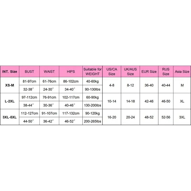 Women's lingerie size chart with bust, waist, hips, weight, and international size conversions.