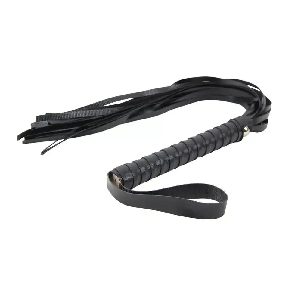 Black faux leather whip with wrapped handle and multiple tails for adult intimacy