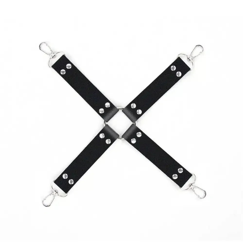 Black leather adjustable hogtie restraint with metal rivets and clips on white background