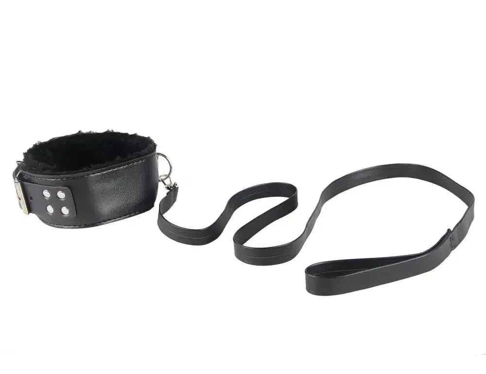 Black faux leather collar with detachable leash, soft lining, for adult roleplay